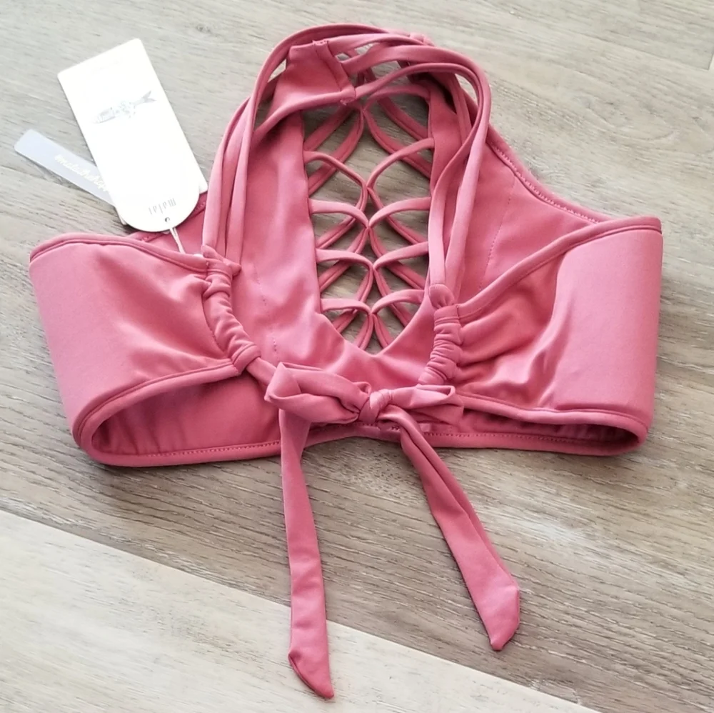 NWT Malai Handmade Fishbone High Neck Bikini Swim Top In Rose Size Large